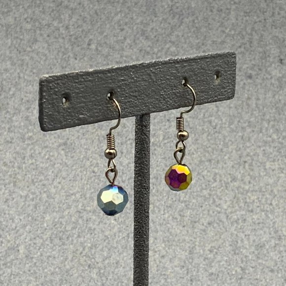 Iridescent Faceted Multicolor Earrings Silver Hook Pierced Dangle - Picture 2 of 4